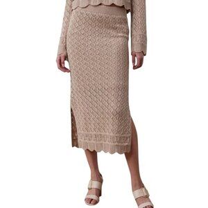 LC Lauren Conrad Women's Small Pointelle Midi Sweater Skirt Beige Shimmer Knit